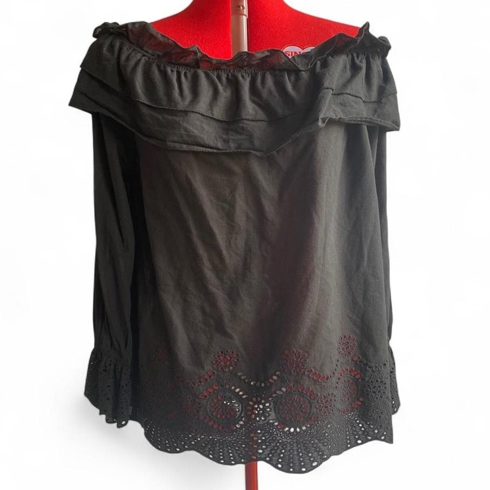 mittoshop Black Off-Shoulder Eyelet Hem Blouse